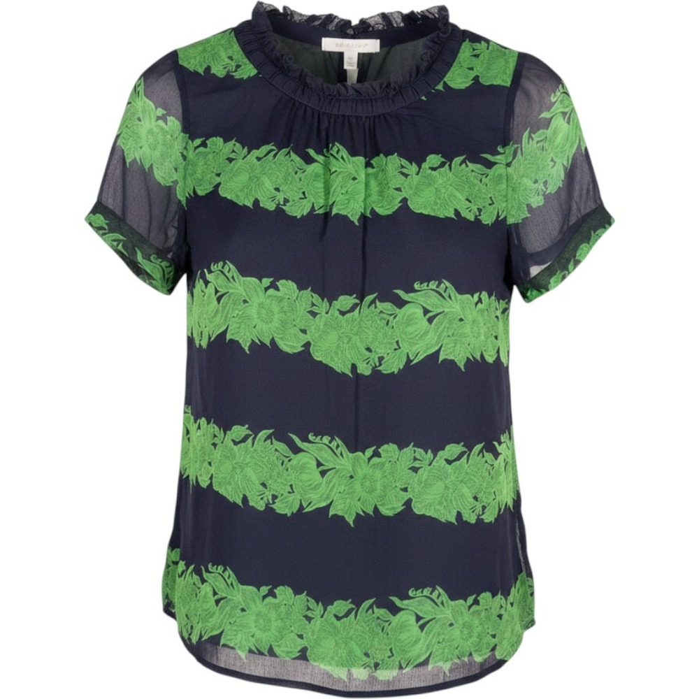 J.Crew Navy Green Floral Stripe Silk Ruffle Neck Blouse Top 02767 Size 4